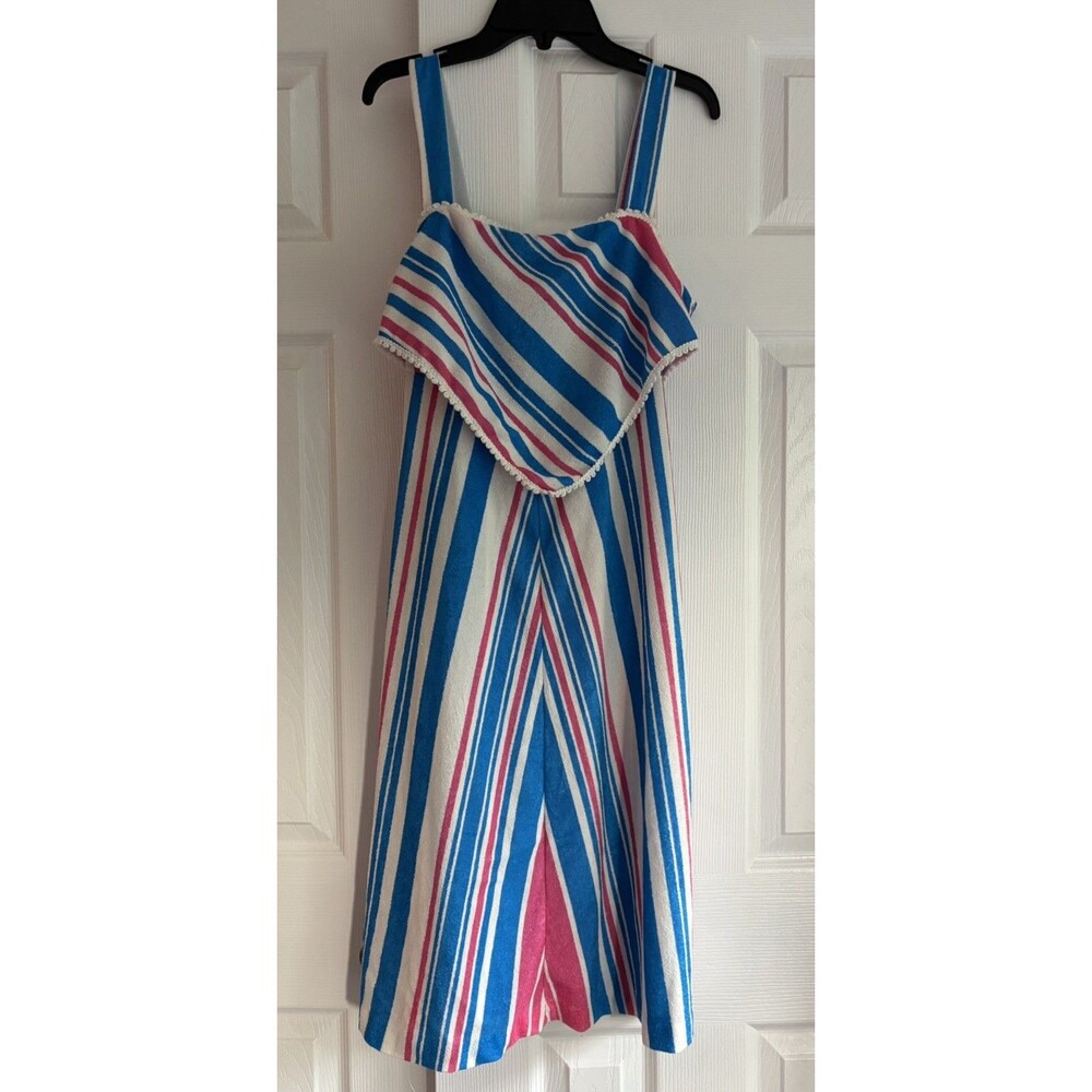 VTG 1970s Striped Terry Cloth Dress Swim Beach Cover Up Pink Blue White S/M Mod
